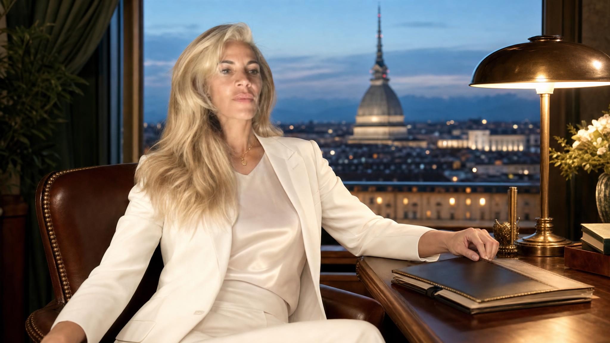 Andrea Catizone alla scrivania, con la Mole Antonelliana alle spalle