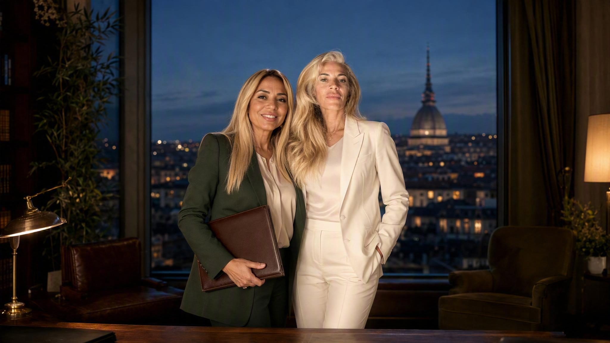 Nina e Andrea Catizone nello studio di Torino, con la Mole Antonelliana alle spalle